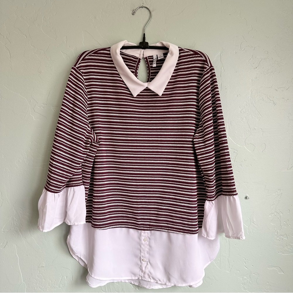 Elle Women Burgundy White Striped Layered Blouse Top Large EUC Preppy Fall LG